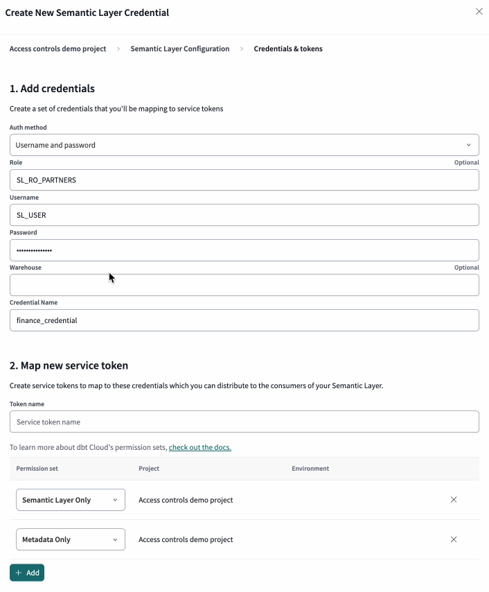 Add credentials and map them to a service token. 